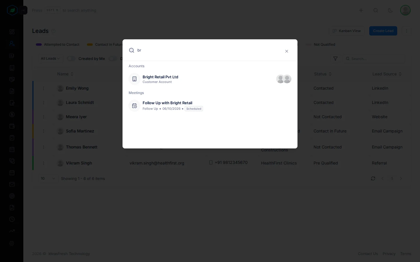 The search window with results for "br" grouped into Accounts and Meetings