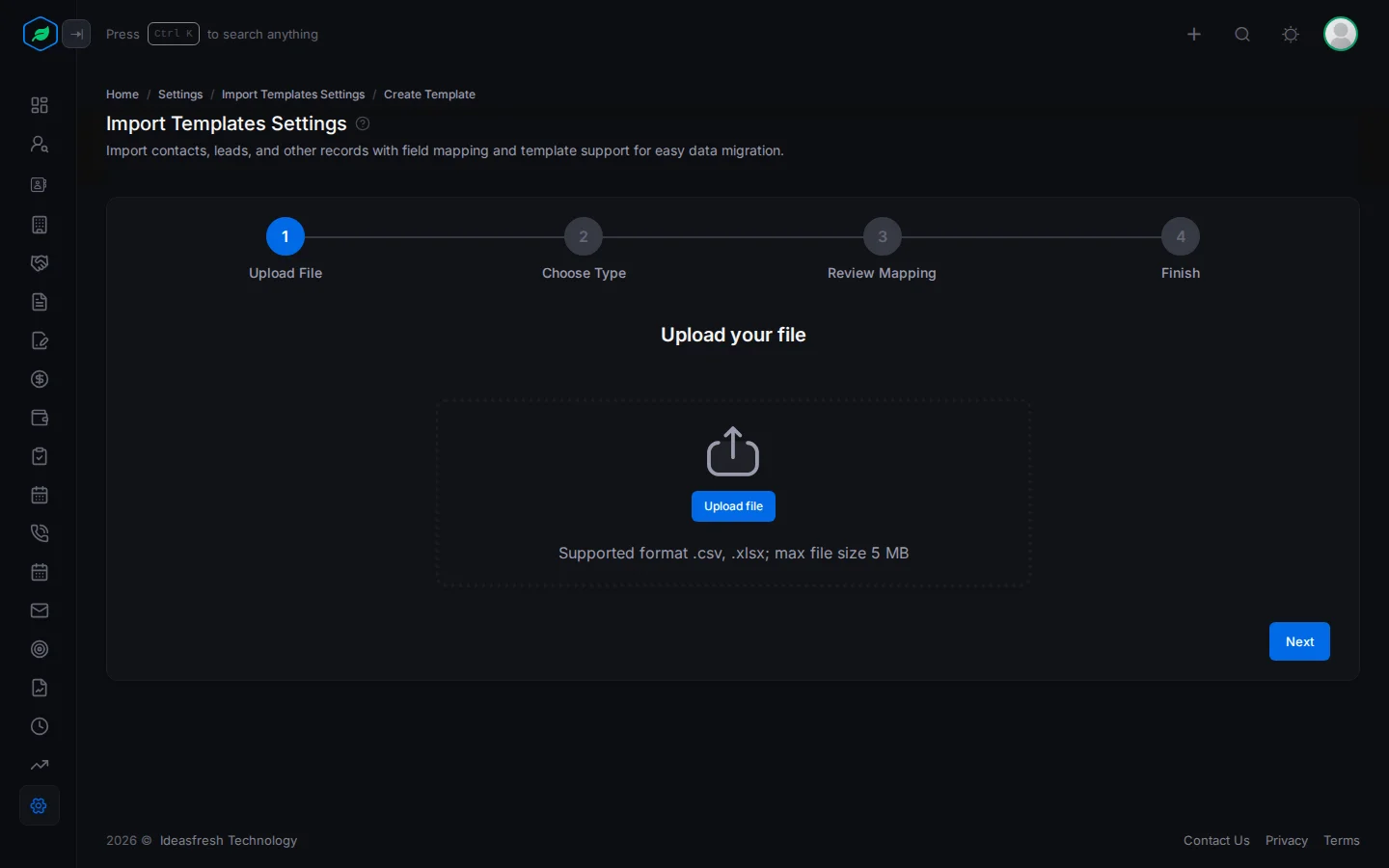 The Create Template wizard on its first step, Upload File, with the four steps listed