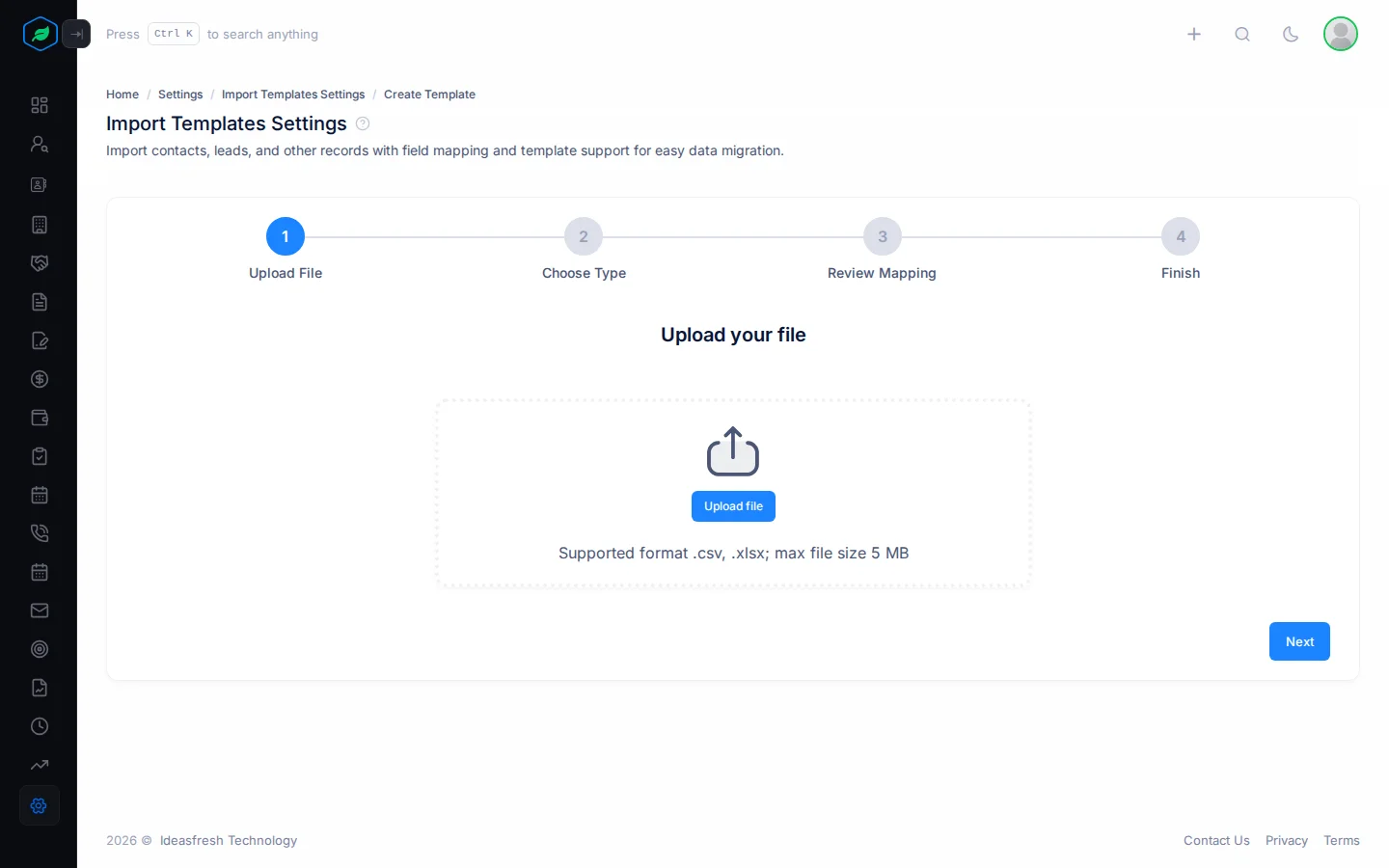 The Create Template wizard on its first step, Upload File, with the four steps listed