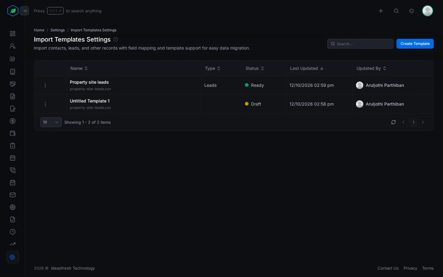 The Import Templates Settings page with a Ready template and a Draft template