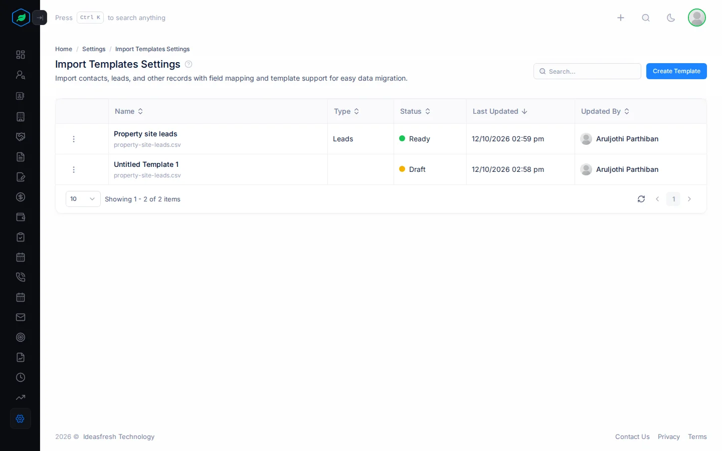The Import Templates Settings page with a Ready template and a Draft template