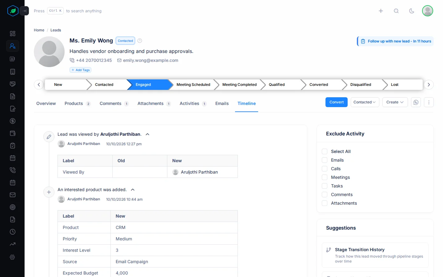 A lead's Timeline with two entries opened to show each field and its value, and the Exclude Activity and Suggestions panels on the right