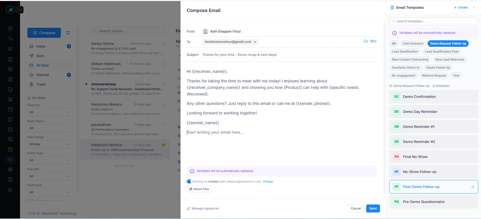 The Compose Email window with merge variables in the body, beside the Email Templates panel and its saved templates