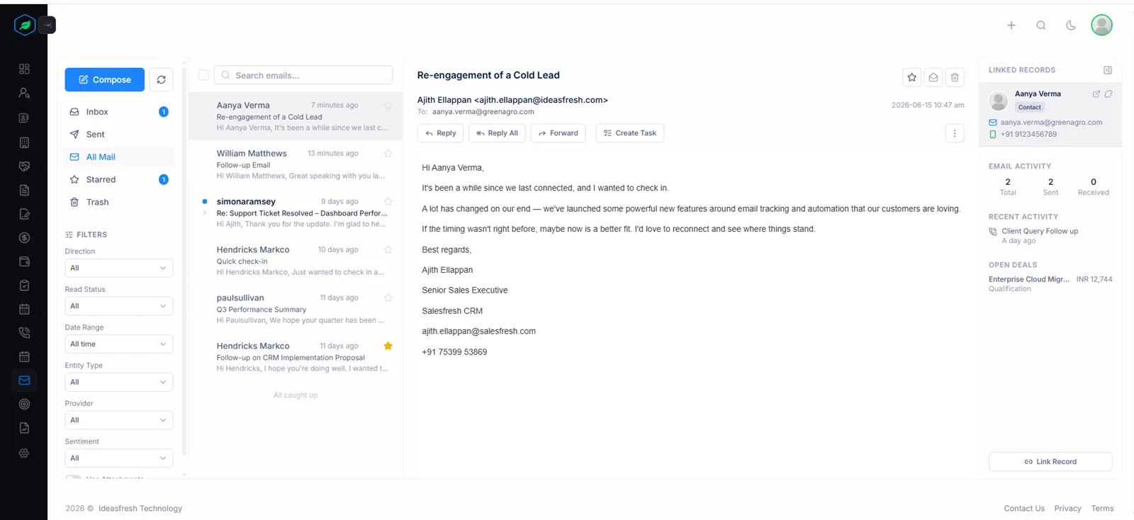 Email CRM context panel linking emails to leads and contacts