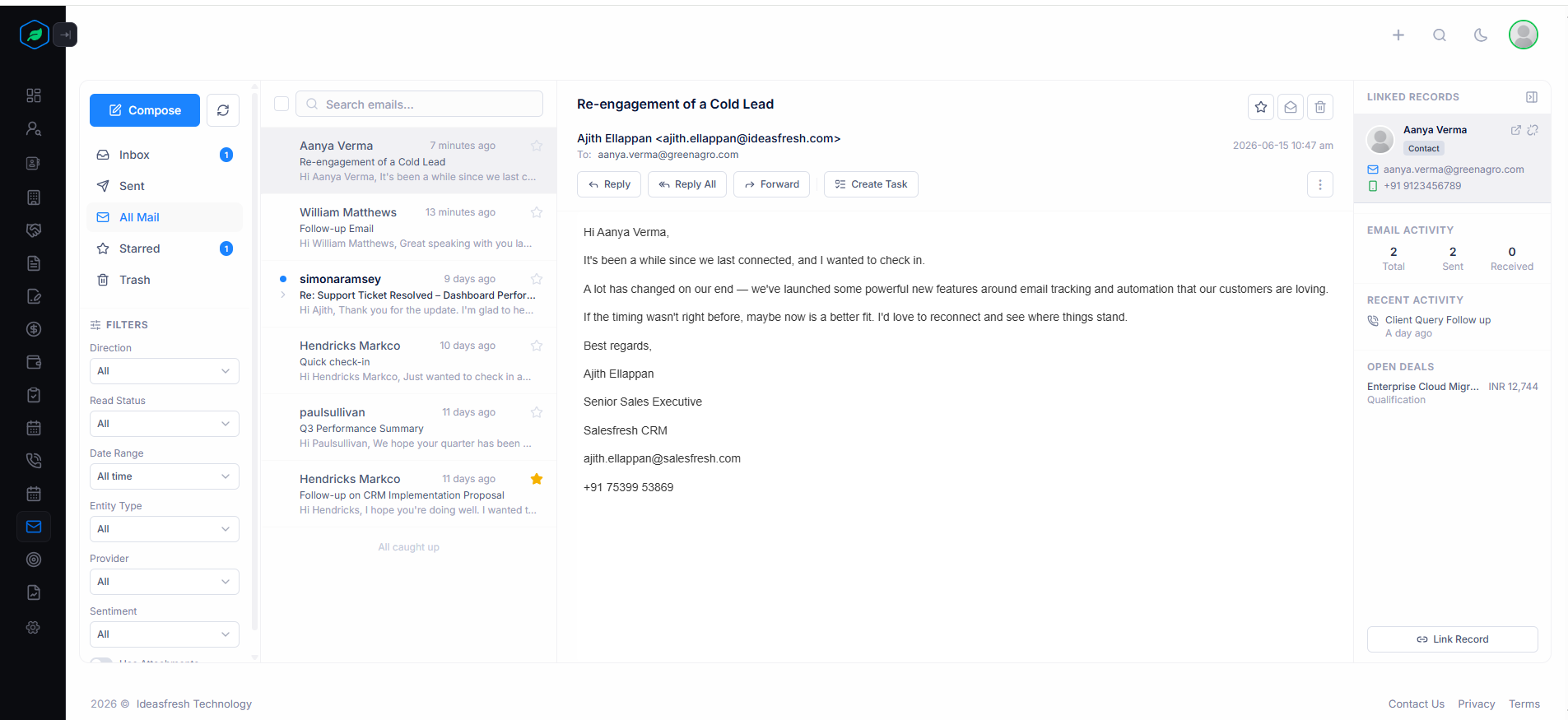 Email CRM context panel linking emails to leads and contacts