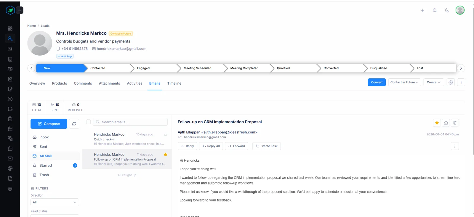 A lead Emails tab with a thread open, showing the message body and the Reply, Forward and Create Task actions