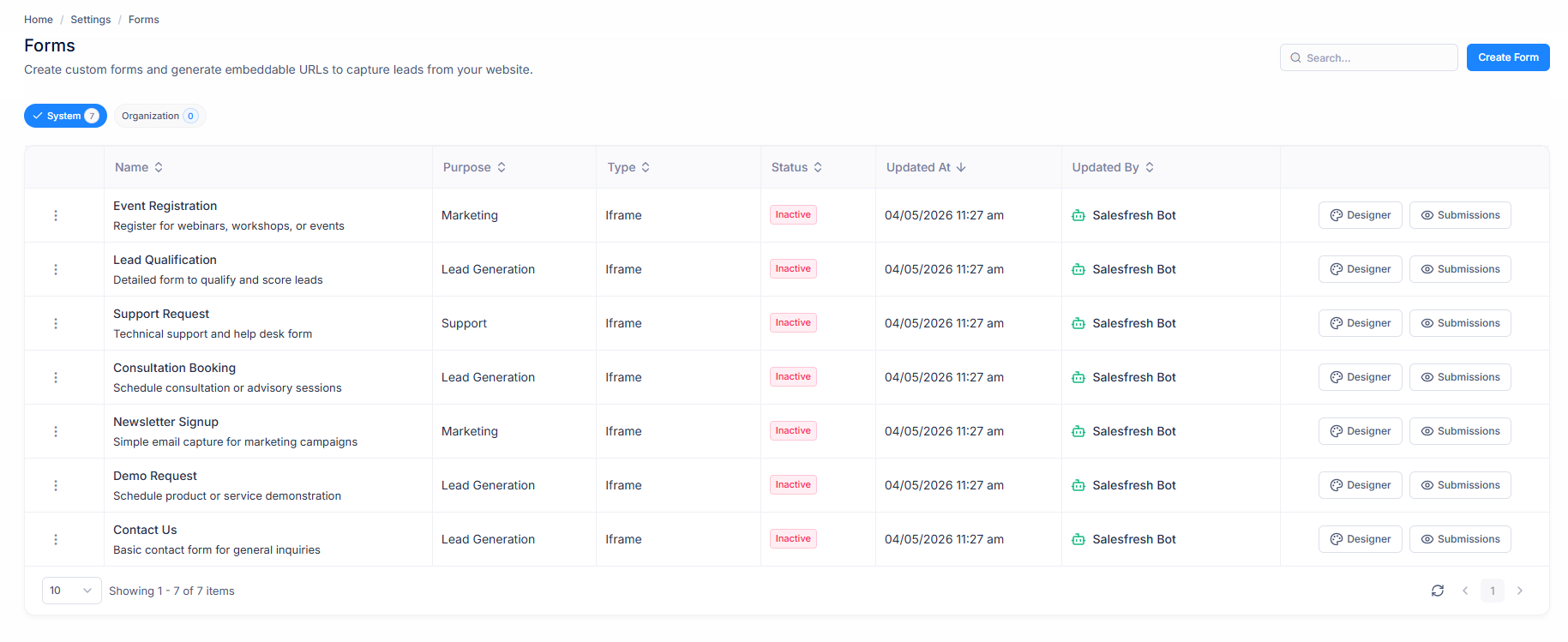 Published forms list with embed and share options