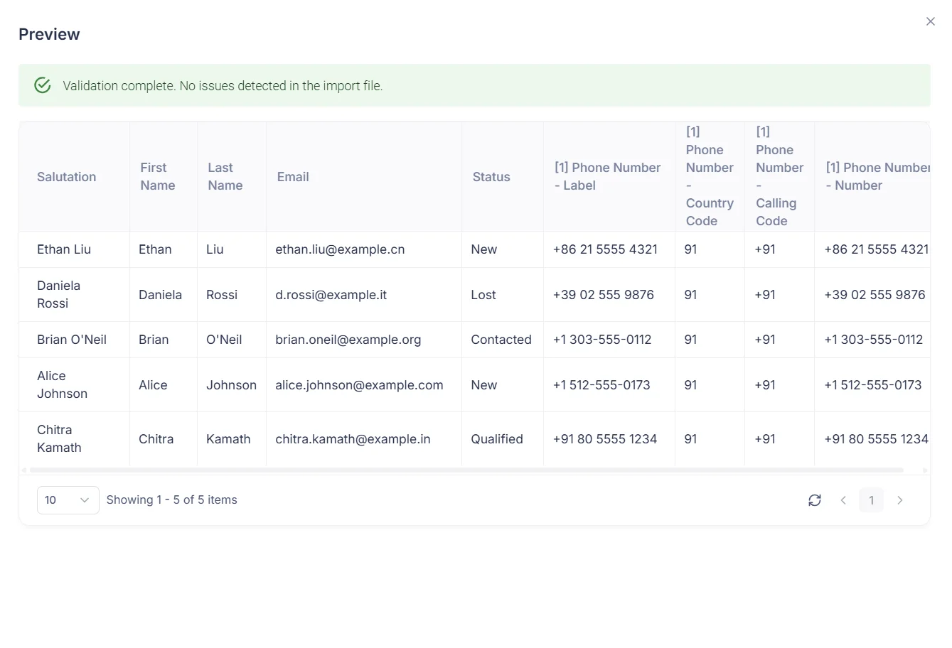 Data preview table on screen