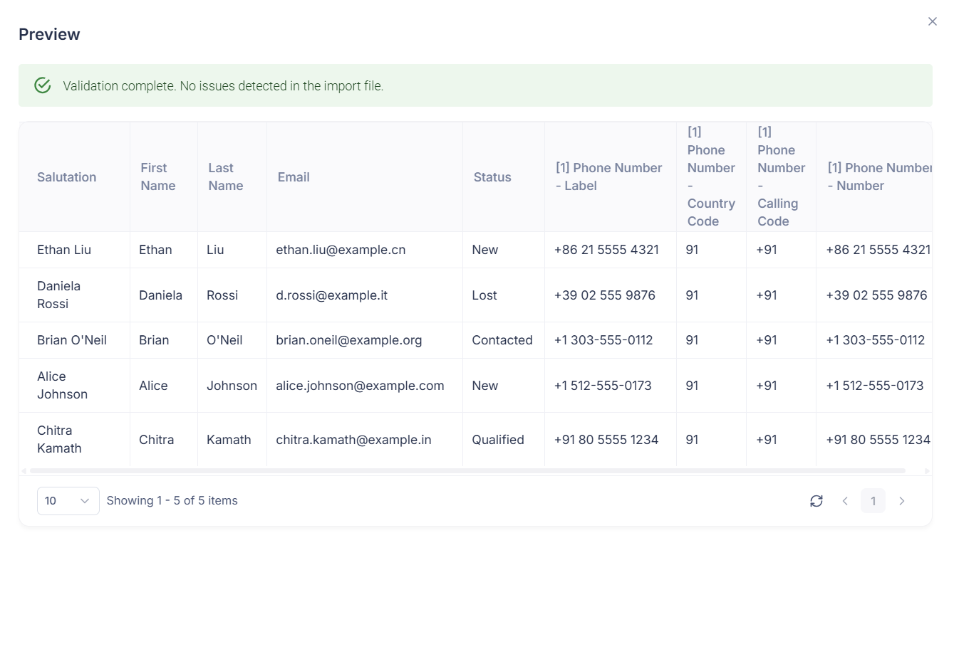 Data preview table on screen