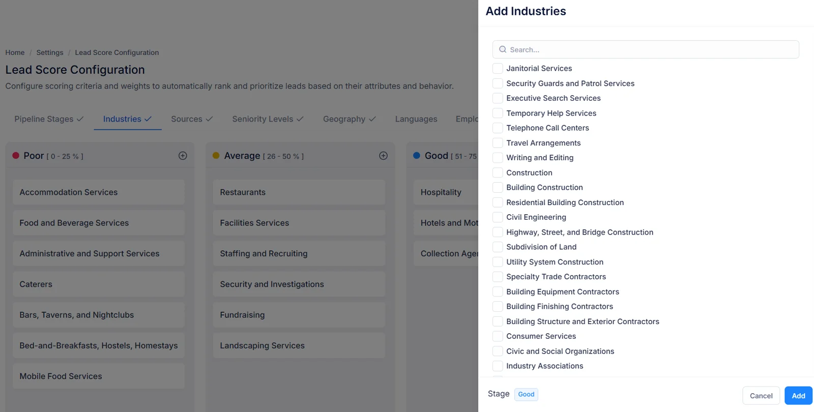 The Add Industries panel open over the configuration, a searchable checklist assigning industries to a stage