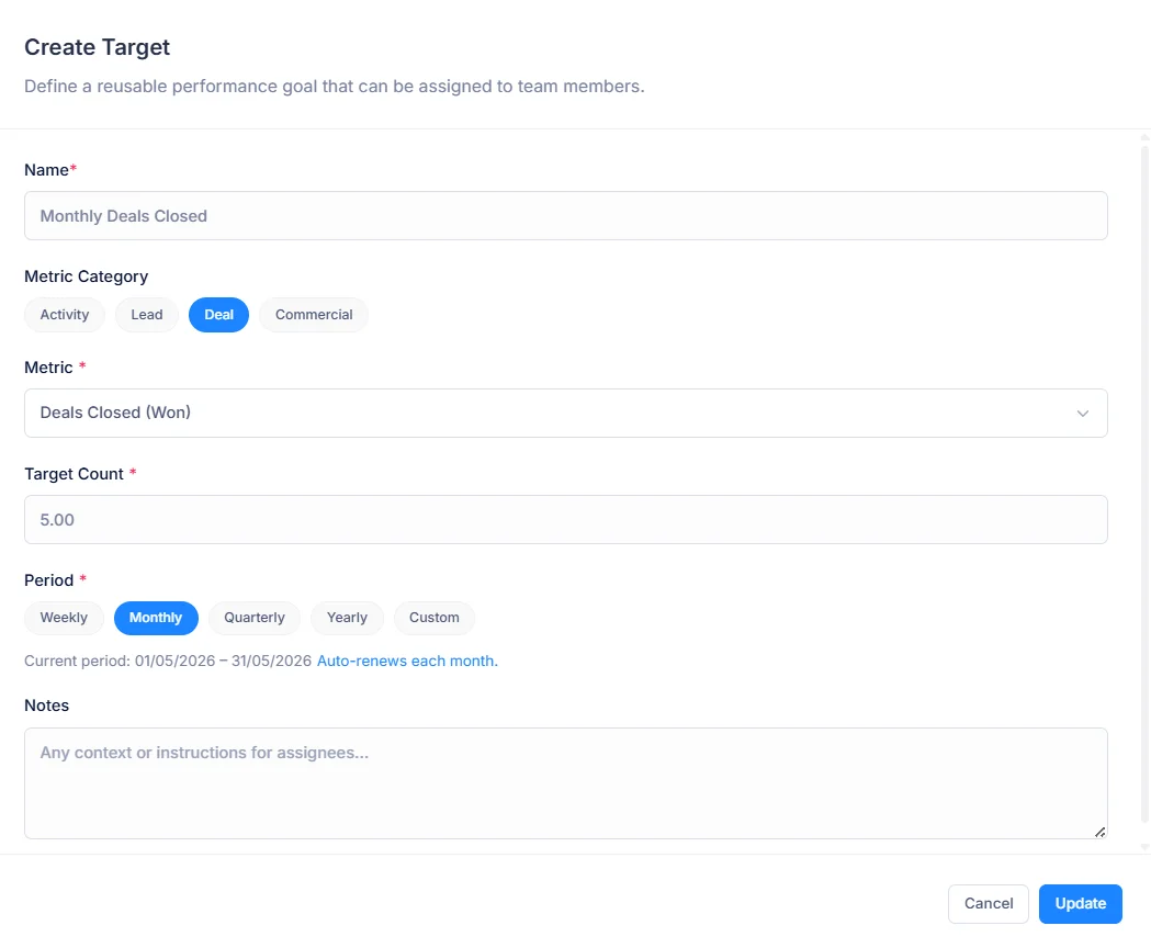 The Create Target form, choosing a metric category, a metric, a target count and the period it renews on